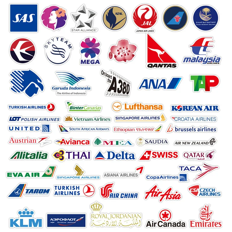 항공 항공기 회사 로고 스케이트보드 여행 가방, 전화 노트북 수하물 스티커, DIY 어린이 소녀 장난감, 10 개, 30 개, 55 개