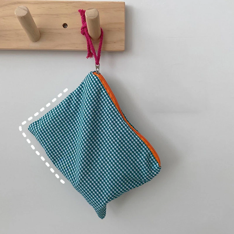 대학생 스타일 체크 무늬 지퍼 필통, 사무실 책상 정리함, 학생용 한국 문구, 학용품