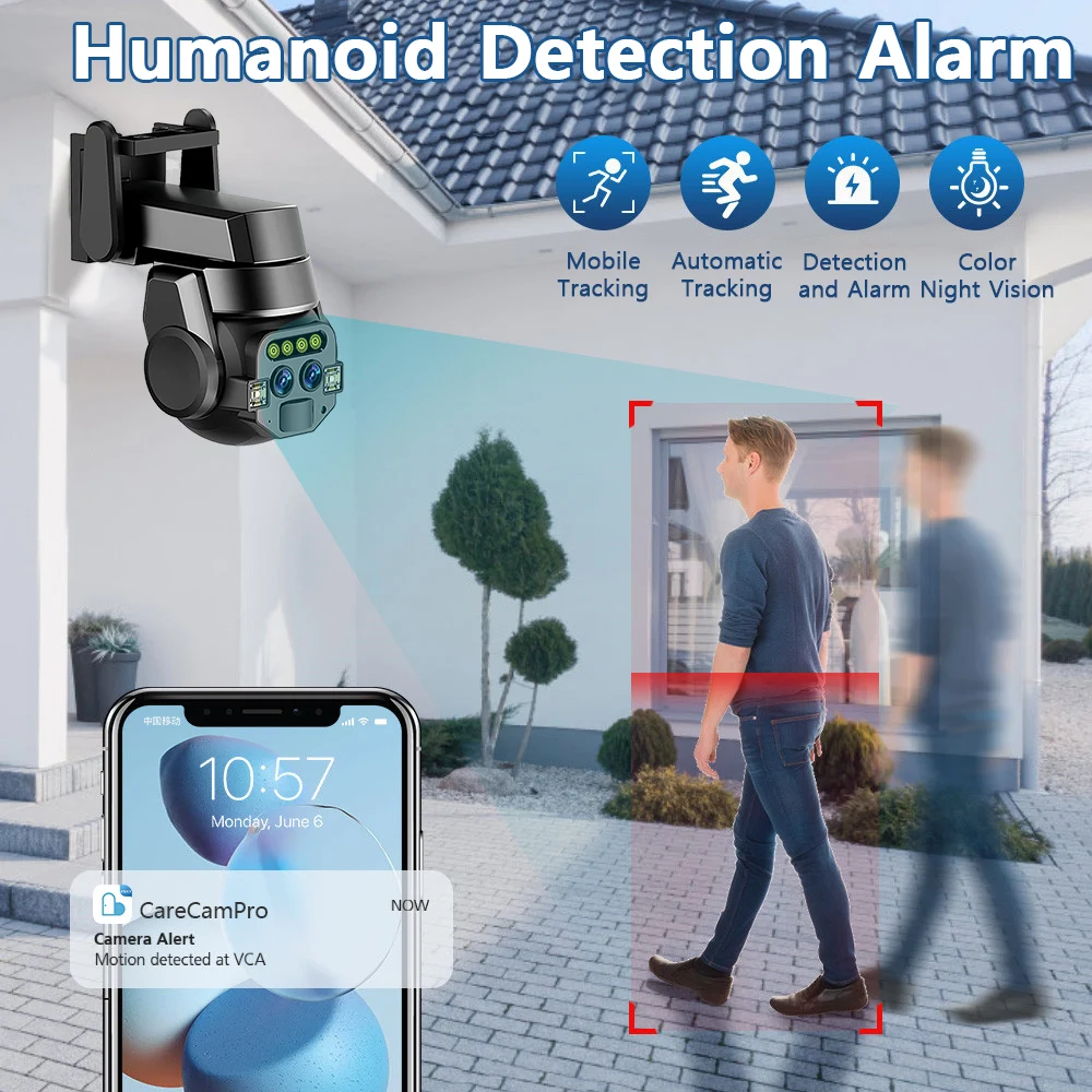 야외 AI 지능형 와이파이 듀얼 렌즈, 고화질 컬러 야간 투시경 모니터링 카메라, IP66 방수, 10x 줌, 6MP