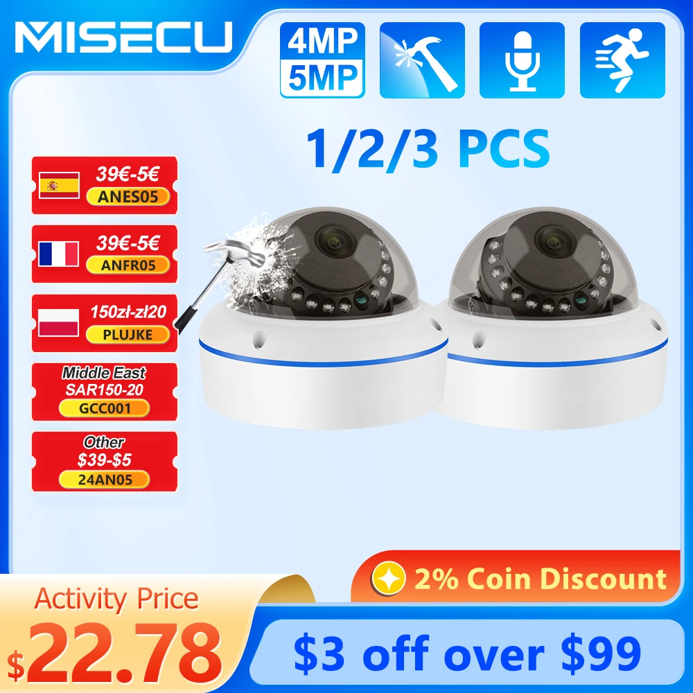 Misecu 홈 보안 감시 카메라, 파손 방지 돔, HD 5MP, 4MP, H.265, POE IP 카메라, 1 개, 2 개, 3/4 개 title=Misecu 홈 보안 감시 카메라, 파손 방지 돔, HD 5MP, 4MP, H.265, POE IP 카메라, 1 개, 2 개, 3/4 개