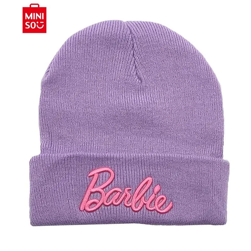 MINISO 부티크 핑크 바비 자수 모직 니트 모자, 학생 야외 모자, 남녀 따뜻한 모자, 가을 및 겨울 패션