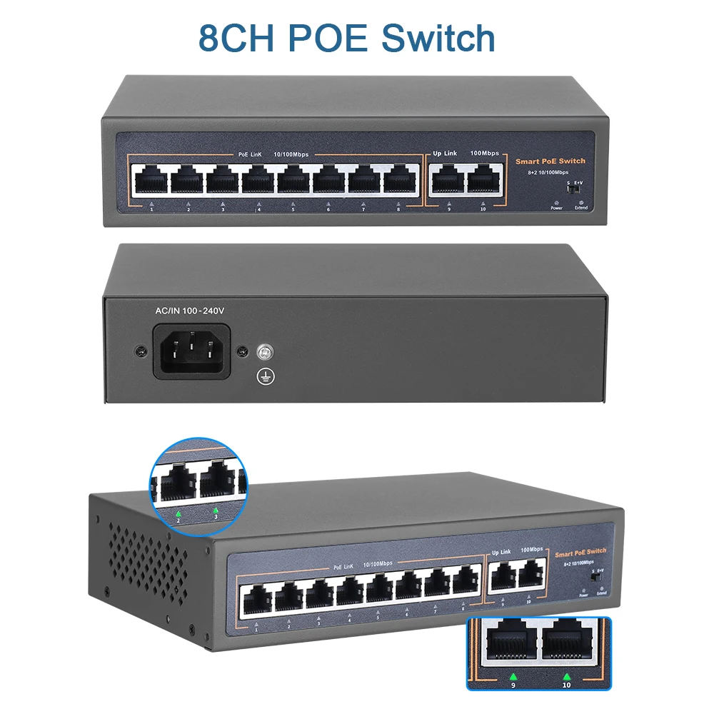 이더넷 IP 카메라, 무선 AP, CCTV 카메라 시스템, 48V 네트워크 POE 스위치, 4/8/16CH, 10/100Mbps 포트, IEEE 802.3 af/at