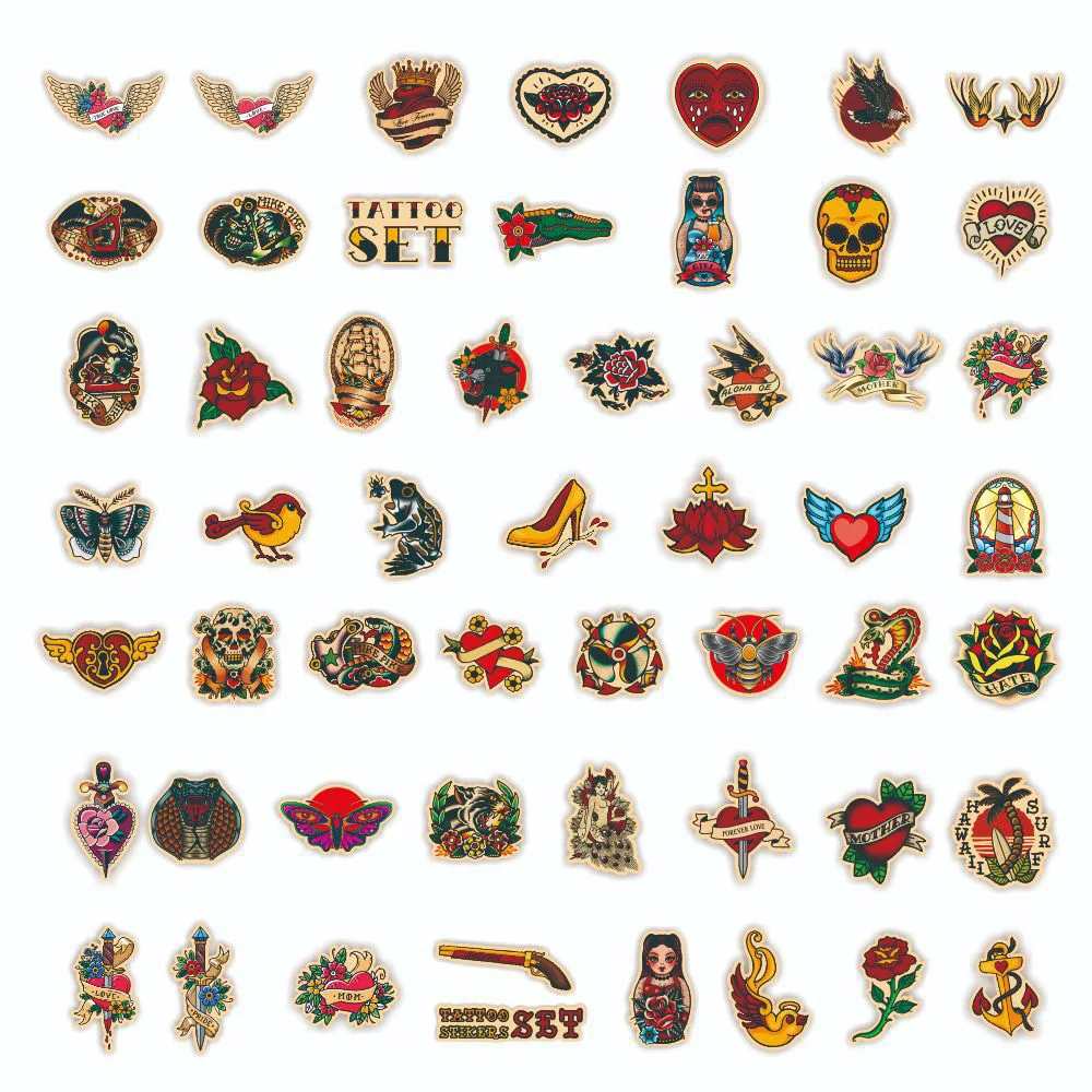 레트로 올드 스쿨 타투 스타일 만화 스티커, DIY 스노우보드 노트북 수하물, 만화 그래피티 데칼 스티커, 10 개, 30 개, 50 개, 100 개