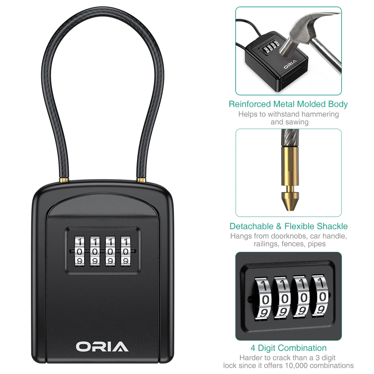 ORIA 열쇠 잠금 상자, 4 자리 조합, 열쇠 안전 상자, 방수 보관, 잠금 상자, 탈착식 체인 포함