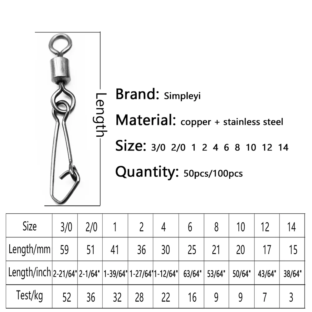 낚시 커넥터 100 #-14 # 배럴 스위블 스냅 롤링 스위블 낚시 루어 태클 액세서리, 50/3/0 PCS