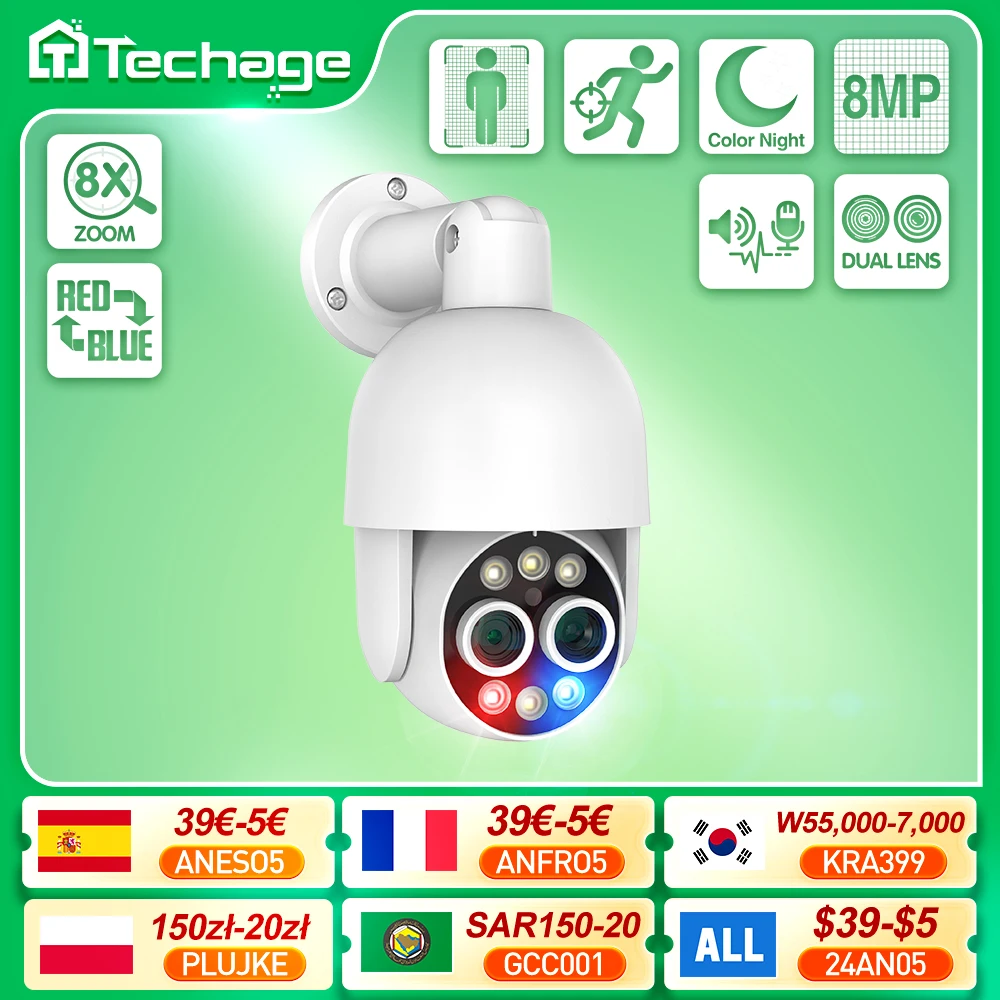 Techage POE PTZ 카메라 듀얼 렌즈, 8MP 8X 하이브리드 줌 휴머노이드 자동 추적, 보안 감시 키트용 다채로운 야간 투시경 title=Techage POE PTZ 카메라 듀얼 렌즈, 8MP 8X 하이브리드 줌 휴머노이드 자동 추적, 보안 감시 키트용 다채로운 야간 투시경 