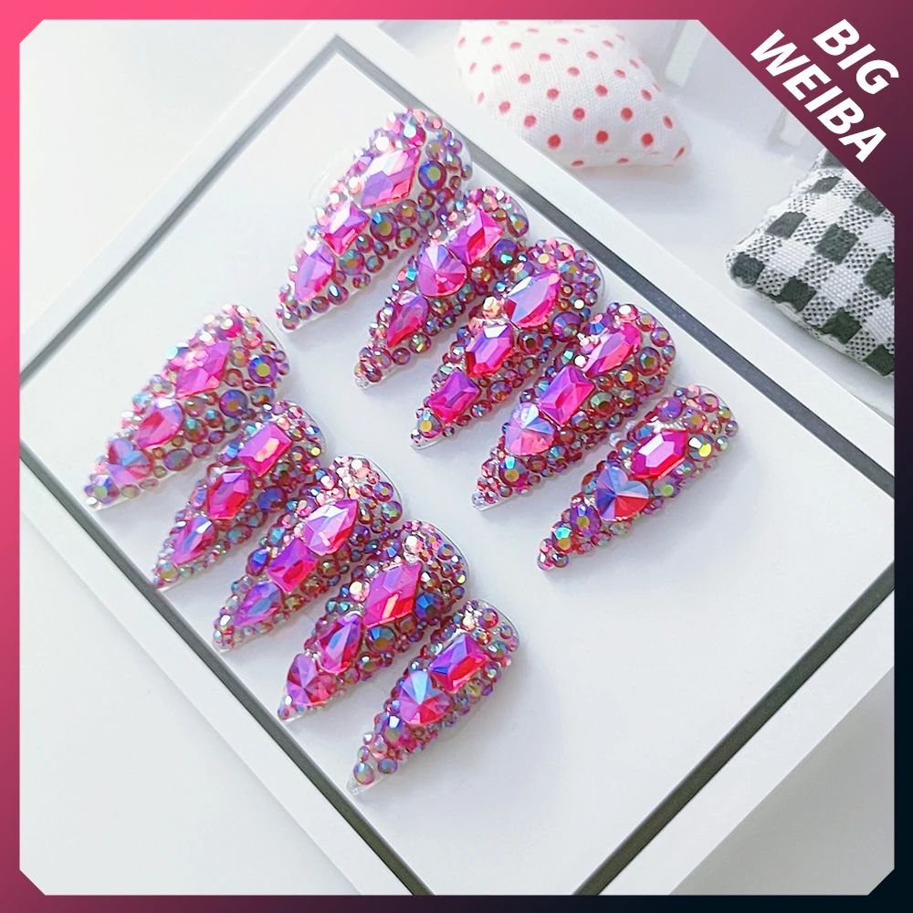 헬로 키티 롱 네일 다이아몬드 롱 코핀 스틸레토 풀 커버 분리형 네일, 유럽 미국 발레리나 패션 수공 네일