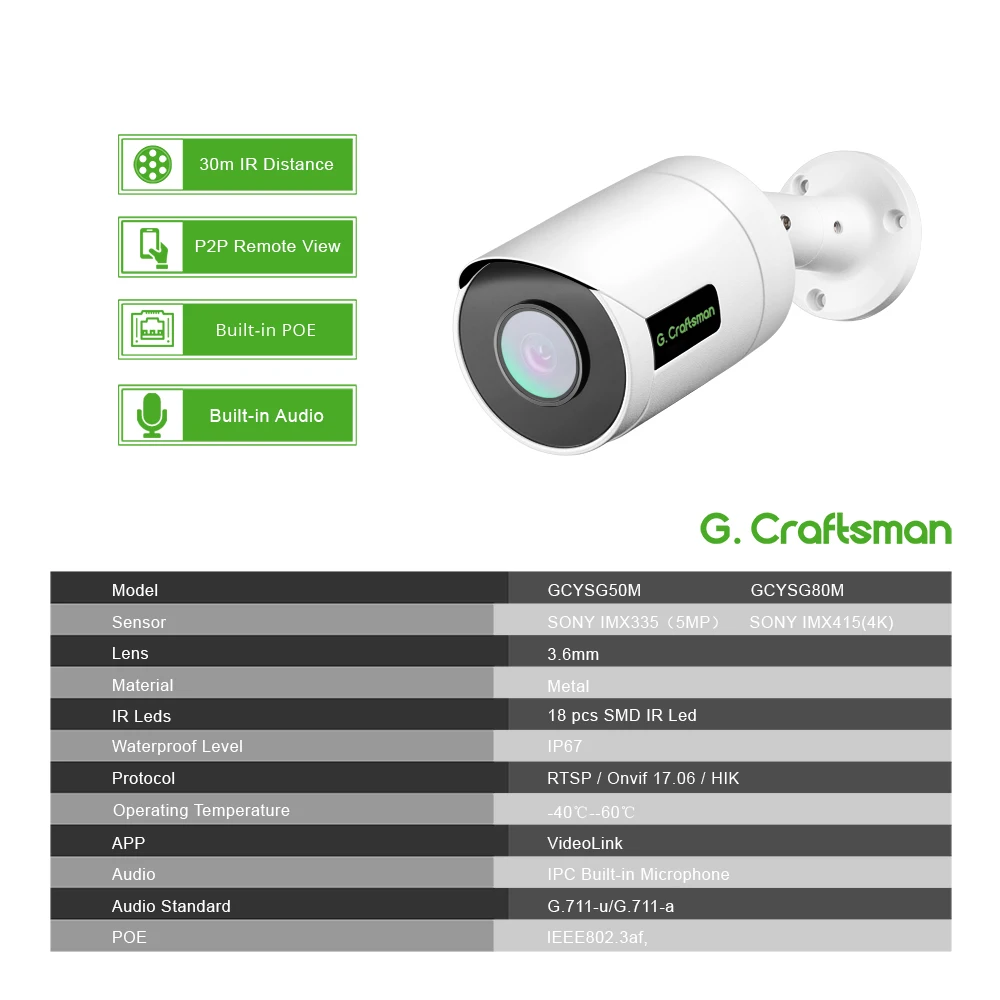 GCraftsman-POE IP 카메라 오디오 5MP 4K, 소니 감시 보안 CCTV 비디오 방수 IR 야간 투시경 Onvif Danale Cloud