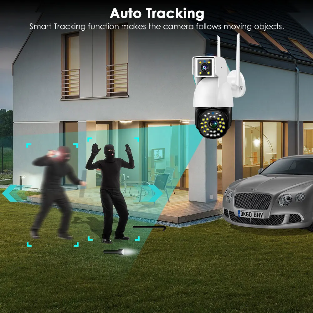 4G 와이파이 IP 카메라 PTZ 야외 방수 카메라, 듀얼 렌즈 자동 추적 스마트 홈 보안 보호 CCTV 네트워크 웹캠 V380