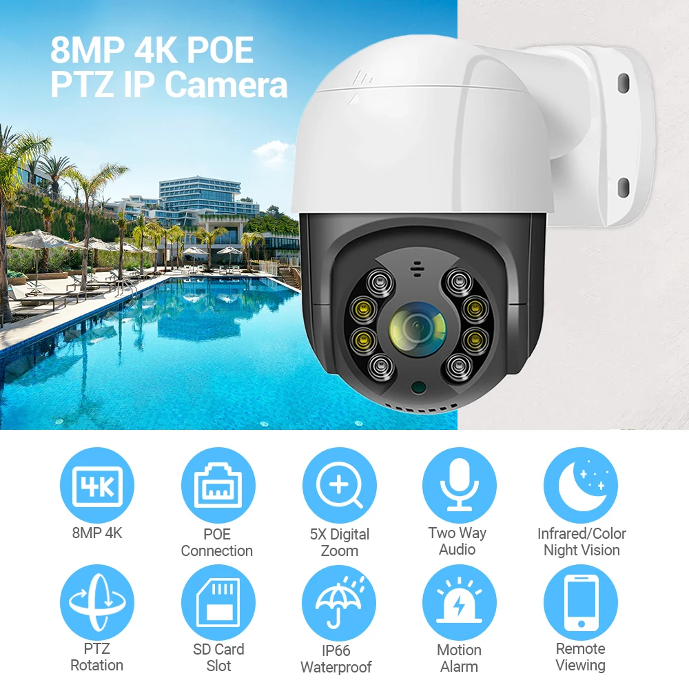 HAMROL PTZ POE IP 카메라, ONVIF 양방향 오디오, 4X 디지털 줌, 야외 HD 5MP 비디오 감시 카메라, ICSee H.265, 8MP