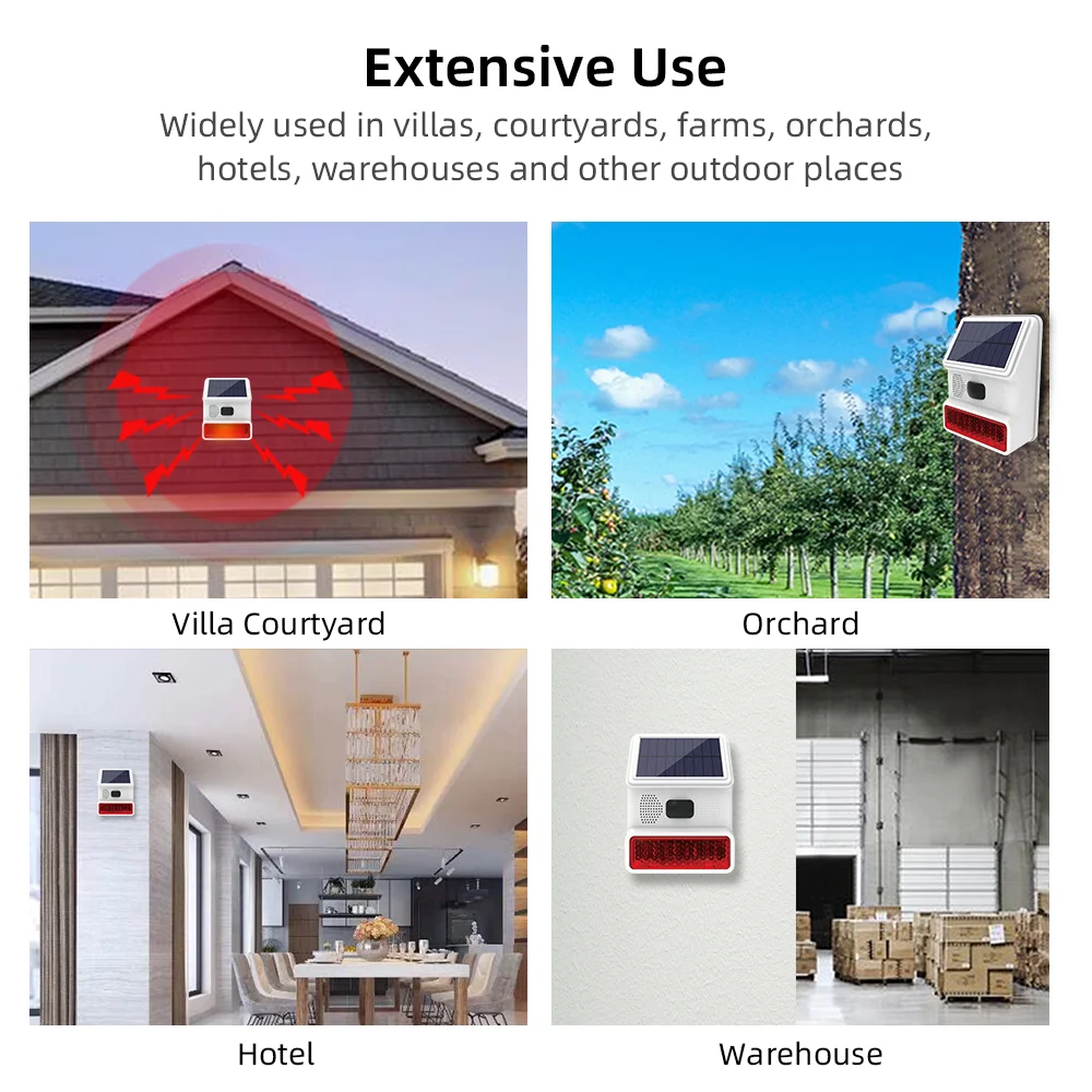 TAIBOAN 무선 태양광 사운드 라이트 플래시 알람, 야외 알람 경적, 와이파이 GSM 홈 보안 경보 시스템용, 433MHZ