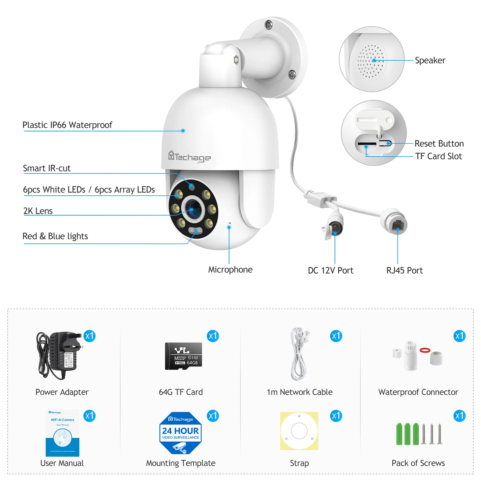 Techage 야외 방수 양방향 오디오 AI 인간 감지 보안 카메라, Xmeye NVR 시스템, ONVIF, 4MP 5MP 8MP PoE PTZ IP 카메라