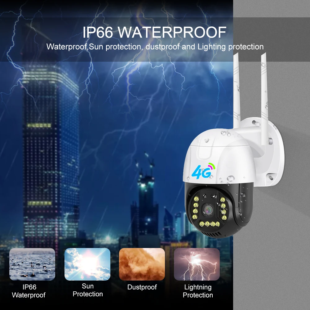 야외 감시 카메라, 4G, Gsm, Sim V380 Pro, 1080p, 클라우드, 4x 줌, Ip66 보안 보호, 무선 Ip Cctv