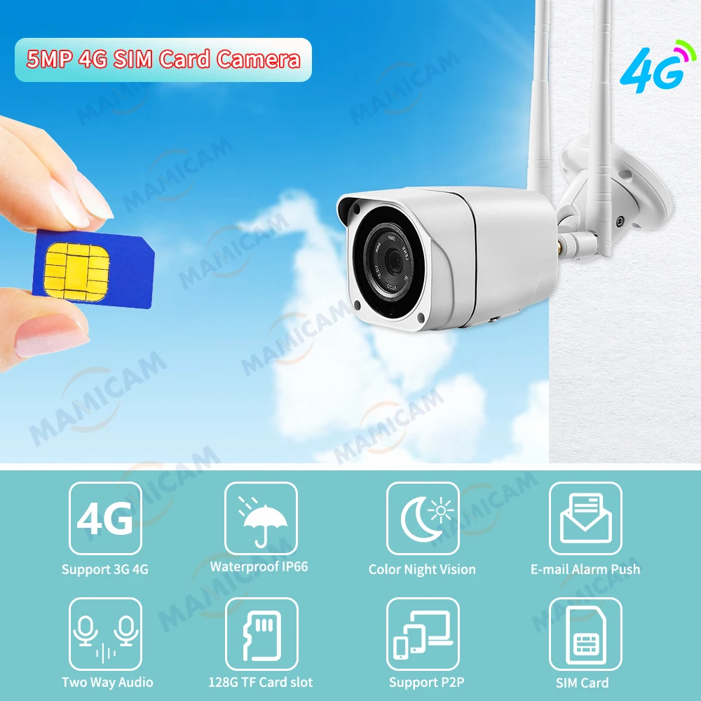 SIM 카드 포함 비디오 감시 카메라, 야외 비디오 캠 CCTV, 야간 투시경, 4G, 3G, 와이파이 보안 보호, IP66 Camhi, 5MP