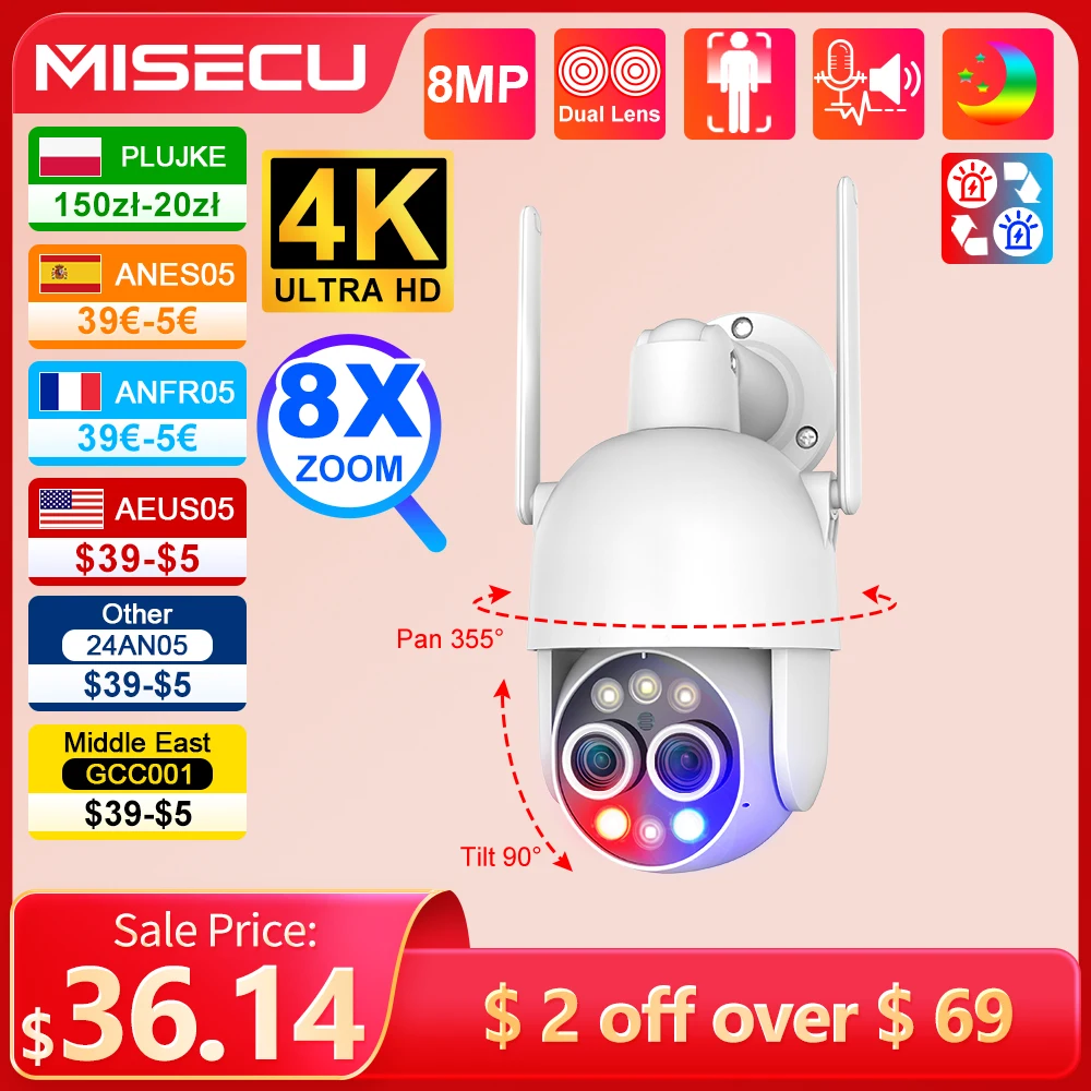 MISECU UHD 4K 8X PTZ 하이브리드 줌 2.8mm 12mm 듀얼 렌즈 무선 IP 카메라, 사람 감지 자동 추적 와이파이 카메라, 컬러 나이트, 8MP title=MISECU UHD 4K 8X PTZ 하이브리드 줌 2.8mm 12mm 듀얼 렌즈 무선 IP 카메라, 사람 감지 자동 추적 와이파이 카메라, 컬러 나이트, 8MP 