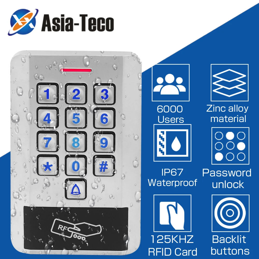 125KHZ RFID 암호 키패드 액세스 제어 백라이트 방수 IP68 금속 도어 독립형 액세스 제어, 6000 사용자 WG 26 입력