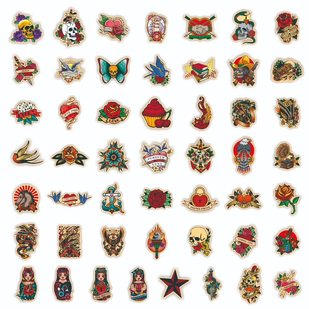 레트로 올드 스쿨 타투 스타일 만화 스티커, DIY 스노우보드 노트북 수하물, 만화 그래피티 데칼 스티커, 10 개, 30 개, 50 개, 100 개