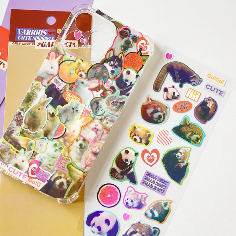 레트로 아메리칸 동물 레이저 스티커 스크랩북 스틱, DIY 소재 문구, 카와이 아트 장식 용품, 1PC