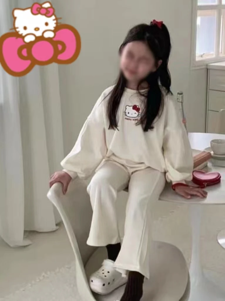 시나모롤 어린이 운동복, 귀여운 애니메이션 산리오 헬로 키티 캐주얼 맨투맨 바지, 귀여운 소녀 만화 의류, 2 개 세트