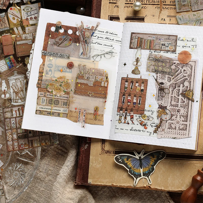 Journamm 금도금 공예 스티커, PET 재료, DIY 컷 콜라주 정크 저널 식물 꽃 장식 스티커 문구, 팩당 3 개