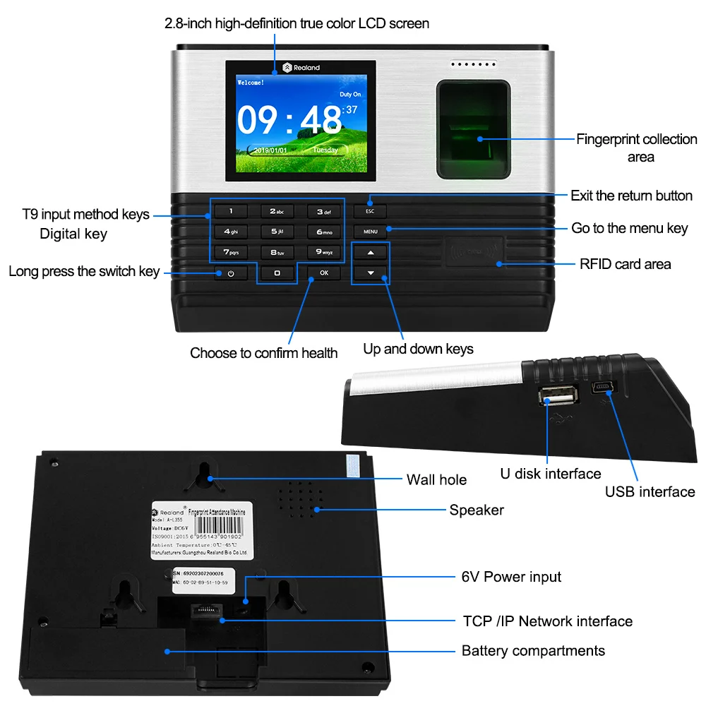 YiToo-2.8 인치 Wifi RFID 생체 인식 지문 시간 출석 tcp/ip USB 사무실 체크 인 Realand 시스템, 시간 시계 없는 소프트웨어