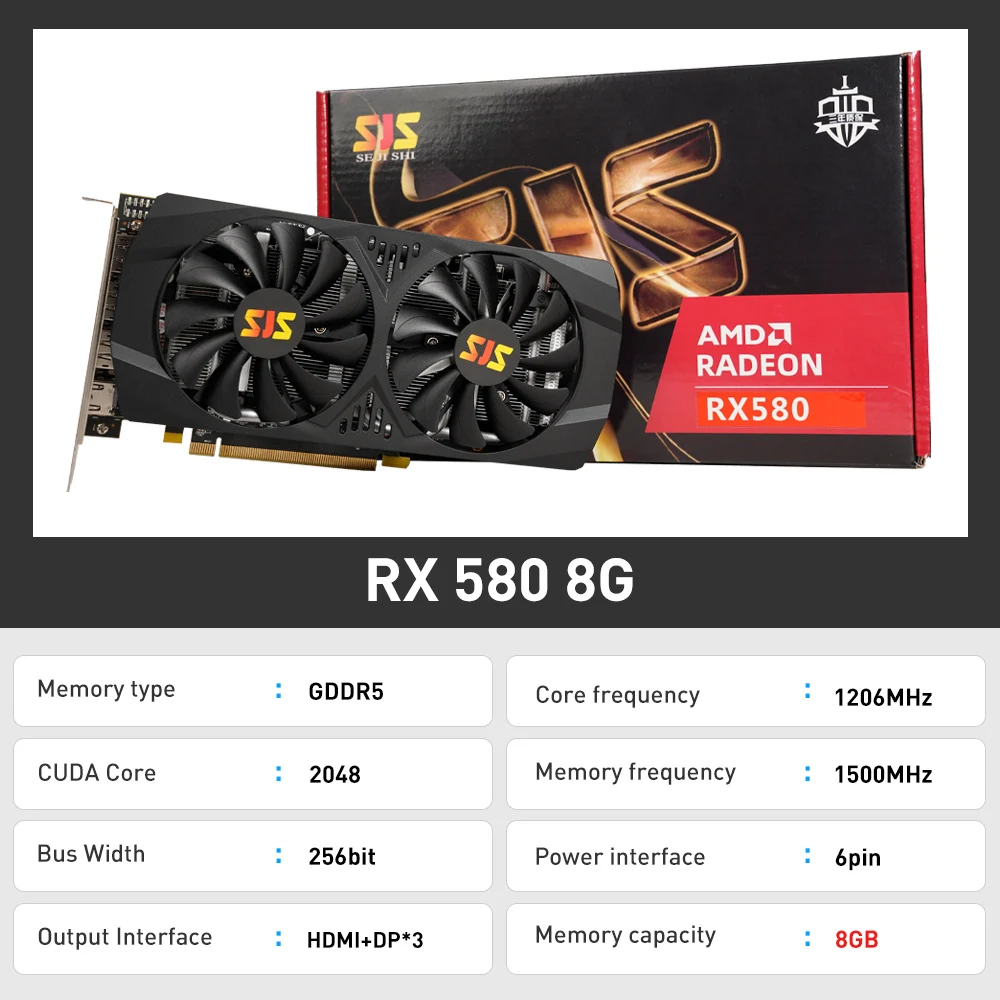 SEJISHI SJS RX 580, AMD Radeon RX580 8G 프로모션 그래픽 비디오 카드, PC HDMI, 8GB, 2048SP, 256 비트, GDDR5 게이밍 카드