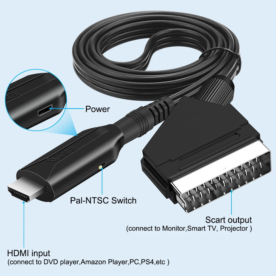 SCART HDMI 호환 비디오 오디오 컨버터, HDTV 스카이 박스 DVD 텔레비전 신호 업스케일 변환기용, USB 케이블 포함, 1080P