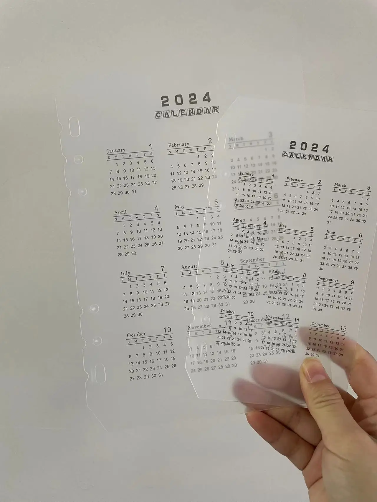 2024 달력 느슨한 잎 달력 파티션 PP 반투명 투명 보호 패드, A5, A6, 6 홀 핸드 계정
