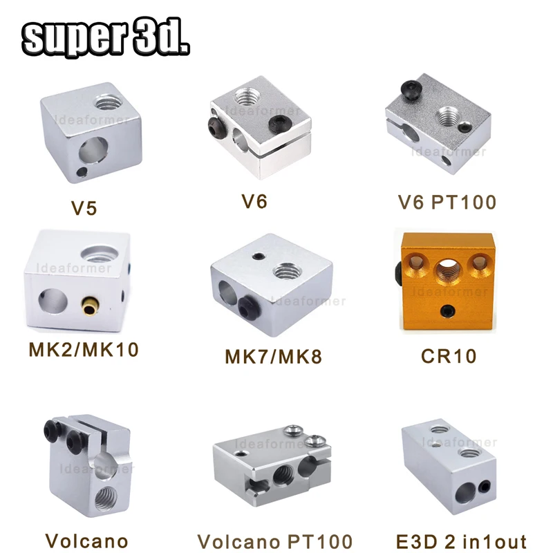 핫엔드 3D 프린터 부품용 알루미늄 및 황동 3D 히트 블록, E3D V5 V6 MK7 MK8 MK2 MK10 화산 PT100 CR10, 2 인 1 OUT, 1 개