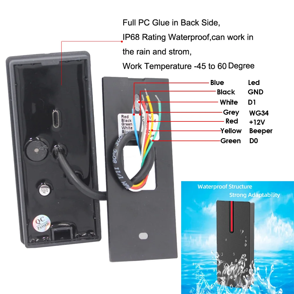 IP68 방수 RFID 카드 판독기, 125Khz 13.56Khz 근접 카드 액세스 제어 슬레이브 리더 지원 Wiegand 26/34 출력