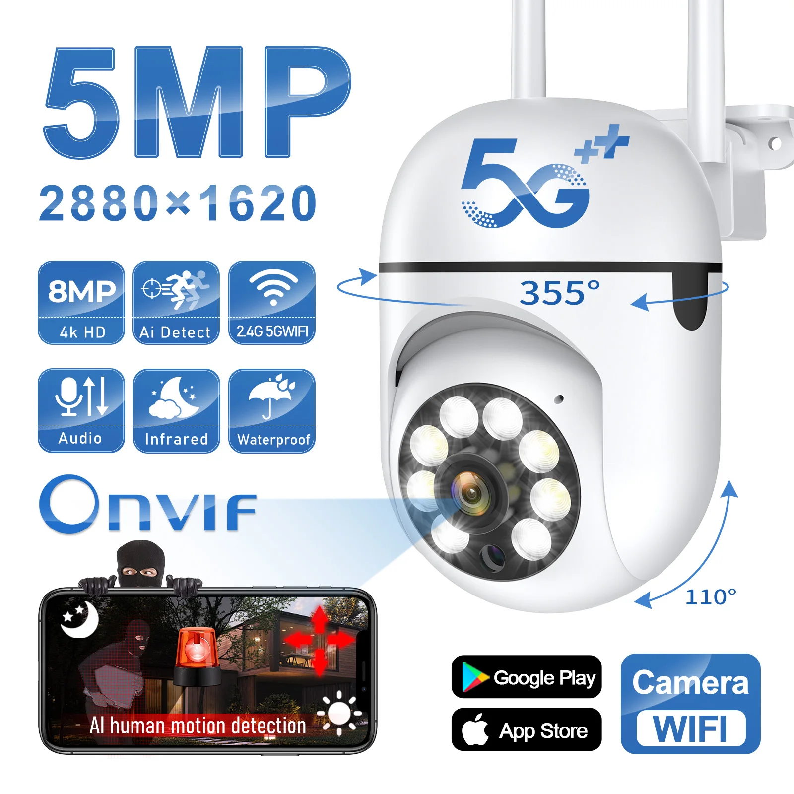 5G 와이파이 감시 카메라, 5MP IP 카메라, IR 풀 컬러 나이트 비전, 보안 보호 모션 CCTV, 야외 방수 카메라 title=5G 와이파이 감시 카메라, 5MP IP 카메라, IR 풀 컬러 나이트 비전, 보안 보호 모션 CCTV, 야외 방수 카메라 