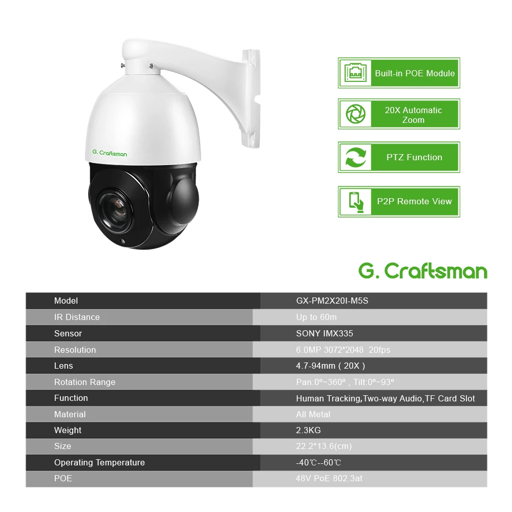 XMEYE POE 20X PTZ 돔 IP 카메라, 야외 SONY335 인간 추적 광학 줌, IR 60M CCTV 보안 방수 G.Craftsman, 6.0MP