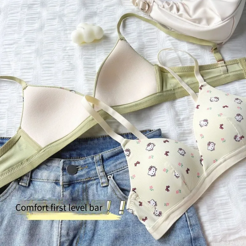 헬로 키티 산리오 여성용 마킹 없는 속옷, 스틸 링 없음, 카와이 소녀 애니메이션 가슴 지지대, 색상 조절 가능, 얇은 브래지어 세트