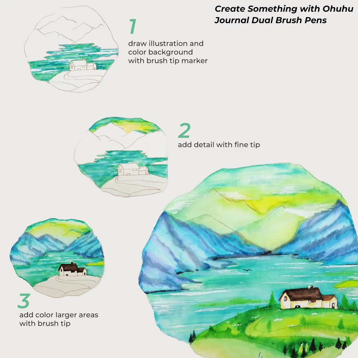 Ohuhu 아트 마커 듀얼 팁 라인 마커 세트, 수채화 펜, 컬러링 수채화 브러시, 파인라이너 페인팅 드로잉, 학교 용품