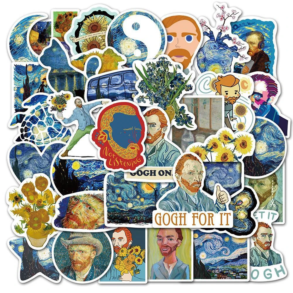 만화 클래식 아트 유화 반 고흐 만남 그래피티 스티커, 자전거 스케이트보드 자동차 헬멧, 노트북 컴퓨터 도매, 10 개, 30 개, 50 개