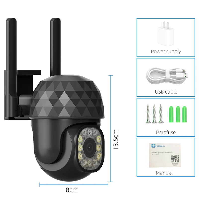 AI 인간 감지 1080P 오디오 IP 카메라, 자동 추적 비디오 감시, V380 프로 2MP 울트라 HD PTZ 2.4G 와이파이, 야외 LED H265