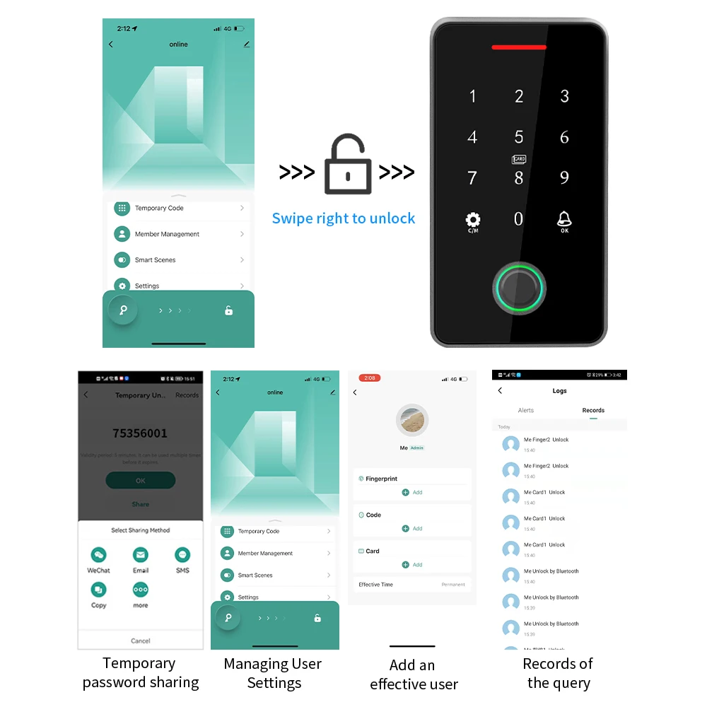 NFC 블루투스 투야 앱 백라이트 터치 13.56Mhz RFID 카드 액세스 제어 키패드, 도어락 오프너, WG 출력, 방수 IP66