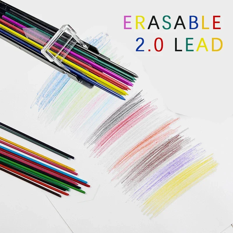 2.0mm 색상 기계식 연필 리필 2B 지울 수 있는 다채로운 리드 아트 페인팅 드로잉 도구, 학생 문구 12 뿌리/상자