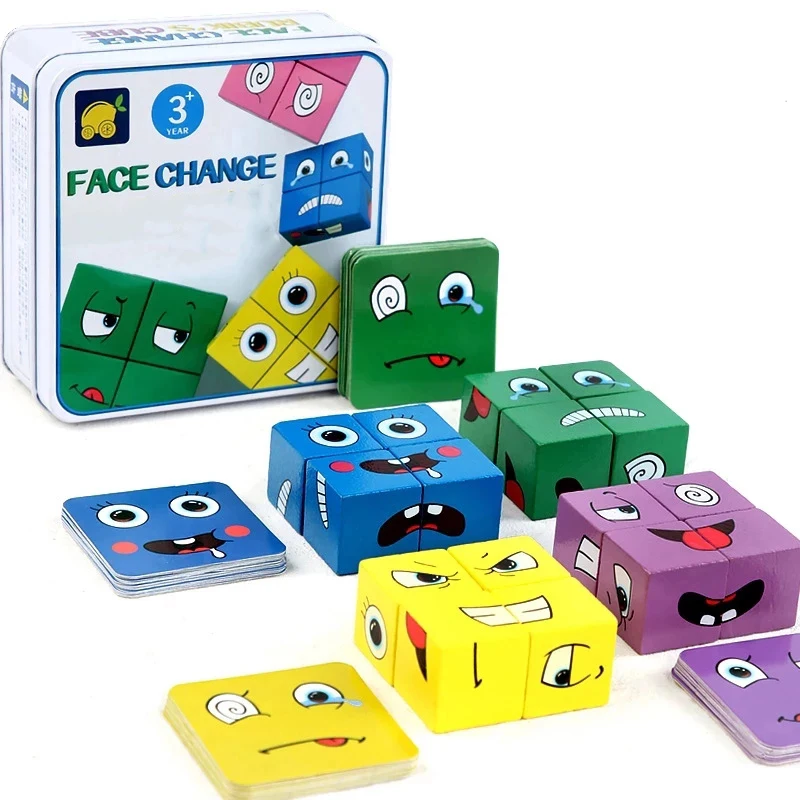 나무 얼굴 변경 큐브 장난감, 만화 퍼즐 몬테소리 퍼즐용 빌딩 블록, 어린이 장난감, 교육용 보드 게임, 가족 장난감