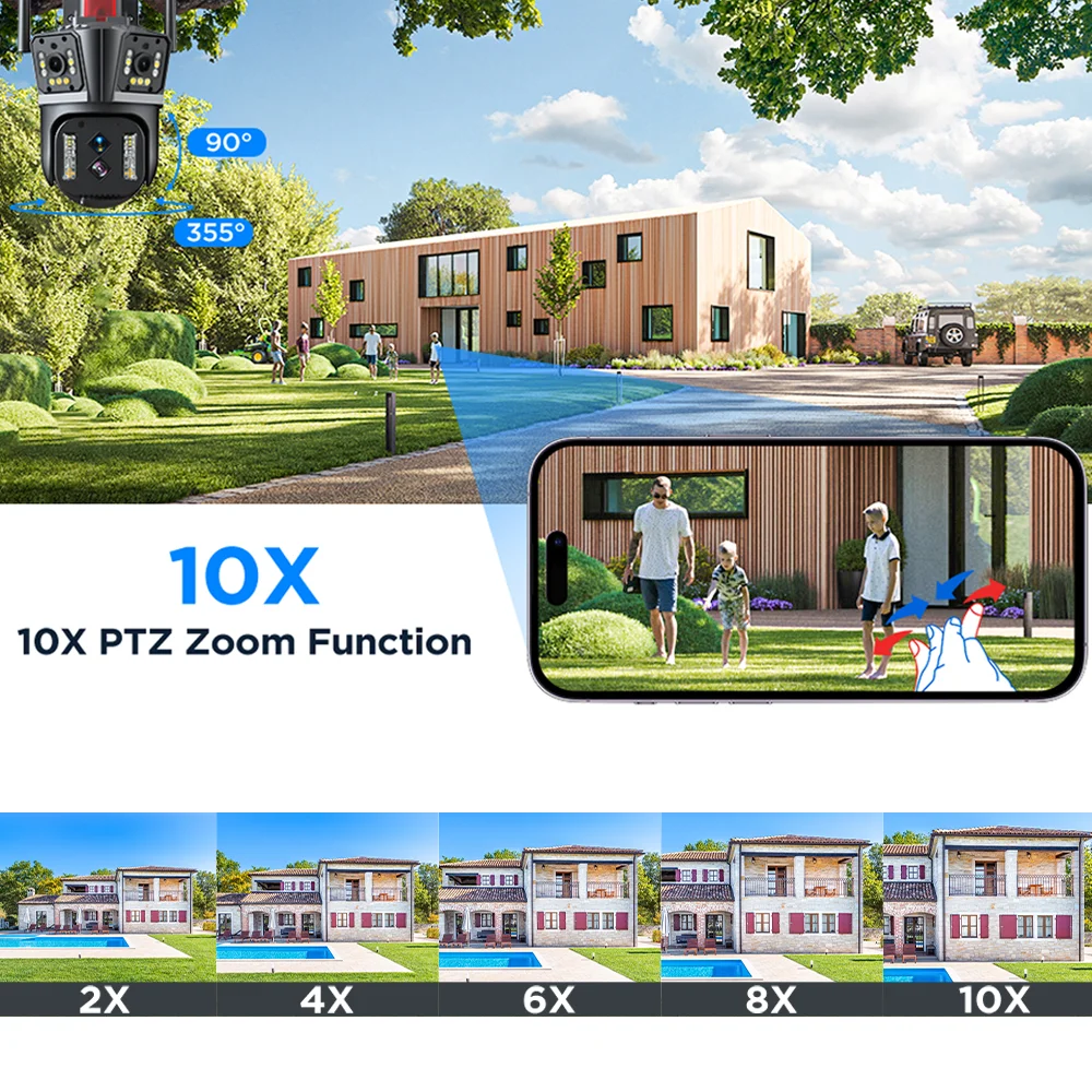 야외 와이파이 IP 카메라, CCTV 비디오 보안 감시 PTZ 카메라, 4 렌즈, 3 스크린, 10x 하이브리드 줌, 8K, 16MP