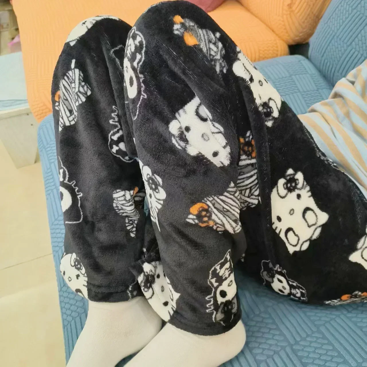 헬로 키티 파자마 바지, 산리오 애니메이션 플리스, 더블 탄성 원단, 부드러운 여성 바지, 카와이 만화 생일 선물, 신제품