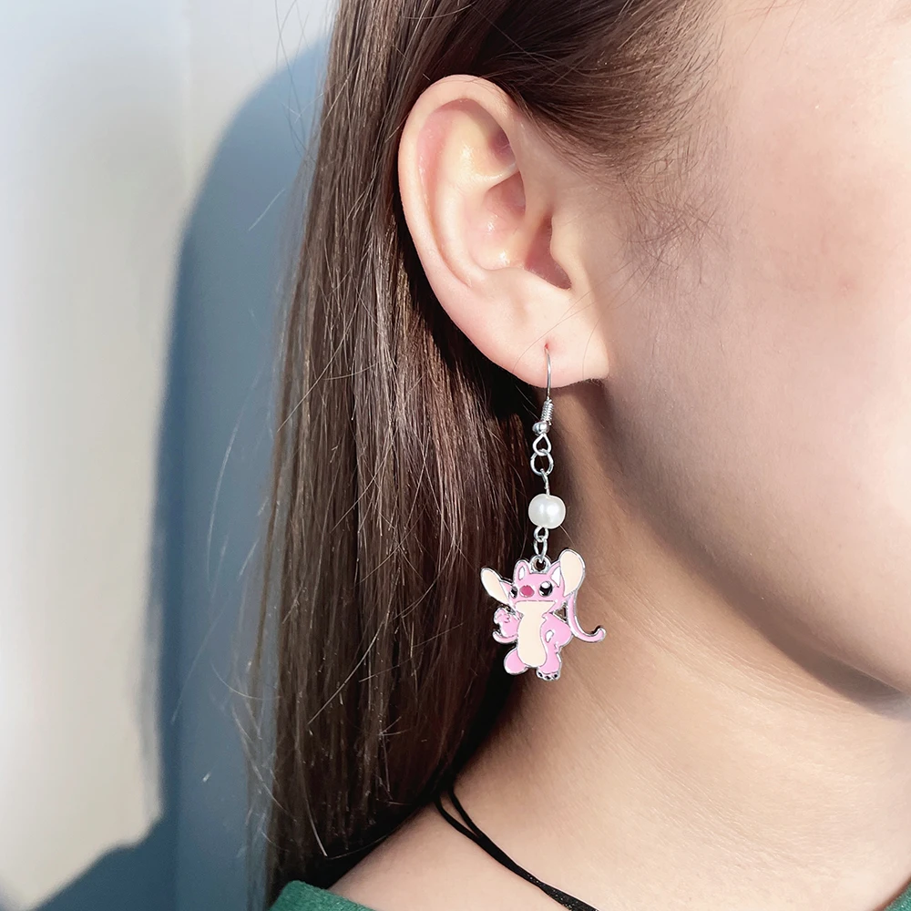 카와이 천사 스티치 만화 애니메이션 릴로 & 스티치 귀걸이, 크리스탈 펜던트 에나멜 귀걸이 여성을 위한 매력 쥬얼리 액세서리