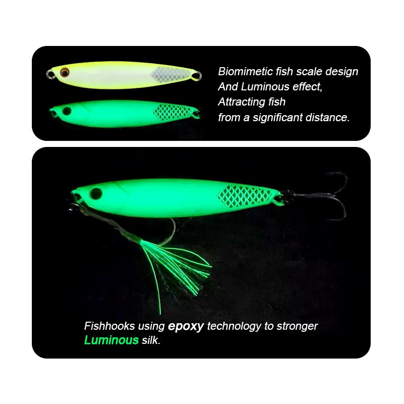 FJORD 플랫 슬로우 글로우 메탈 지그 싱킹 리드 낚시 루어, 낚시 태클, 후크 포함 캐스팅 인공 미끼, 30g, 40g, 60g