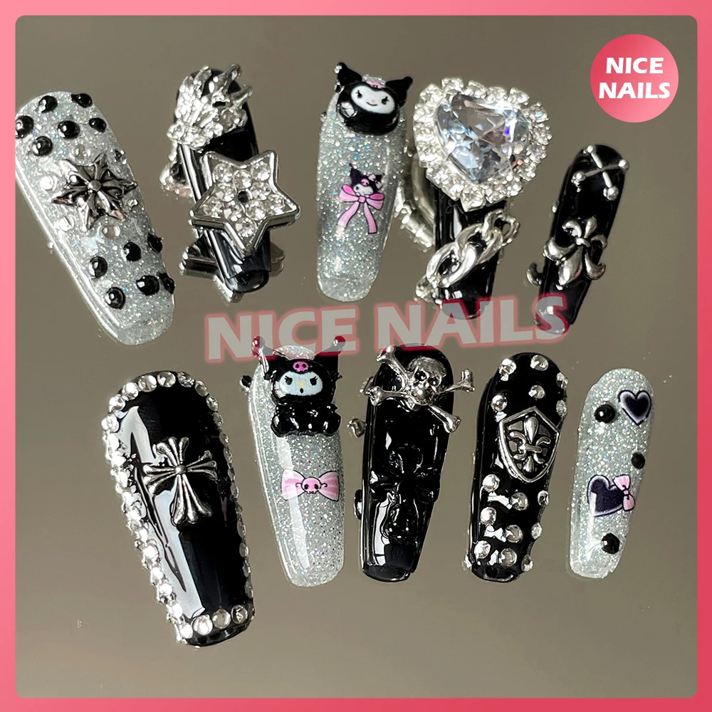 귀여운 만화 헬로 키티 네일, 마이멜로디, 쿠로미, 시나모롤, 귀여운 긴 관 스틸레토, 애니메이션 수제 풀 커버 네일