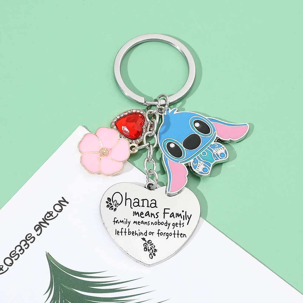 Ohana 여성용 스티치 키 체인, 남성용 가족 키 체인, 스테인레스 스틸 키 링, 꽃 하트 펜던트, 소녀 선물 쥬얼리