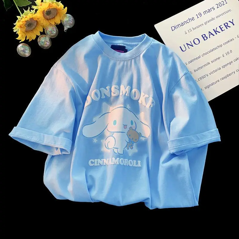 산리오 헬로 키티 프린트 티셔츠, Y2k 시나모롤 만화 의류, 한국 반팔, 루즈 티 셔츠, 카와이 상의