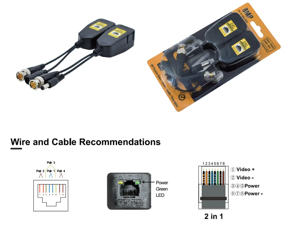 패시브 비디오 전원 및 오디오 발룬 트랜시버, CCTV 카메라용, 8MP CVBS AHD CVI TVI UTP 발룬, BNC-RJ45, 1 쌍