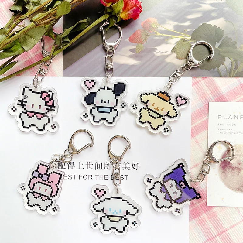산리오 애니메이션 헬로 키티 픽셀 스타일 아크릴 키체인, 귀여운 만화 시나몬롤 포차코 크리에이티브 백팩 행거, 자동차 장식