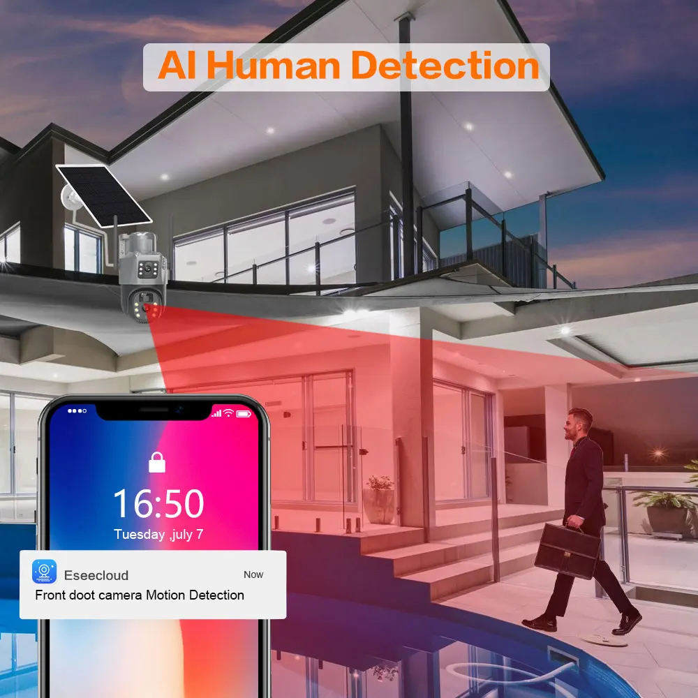 듀얼 렌즈 배터리 무선 IP 카메라, 야외 보안 PTZ 장시간 스탠드 감시, 8MP 줌 AI 추적, 와이파이 태양광 카메라, 4K