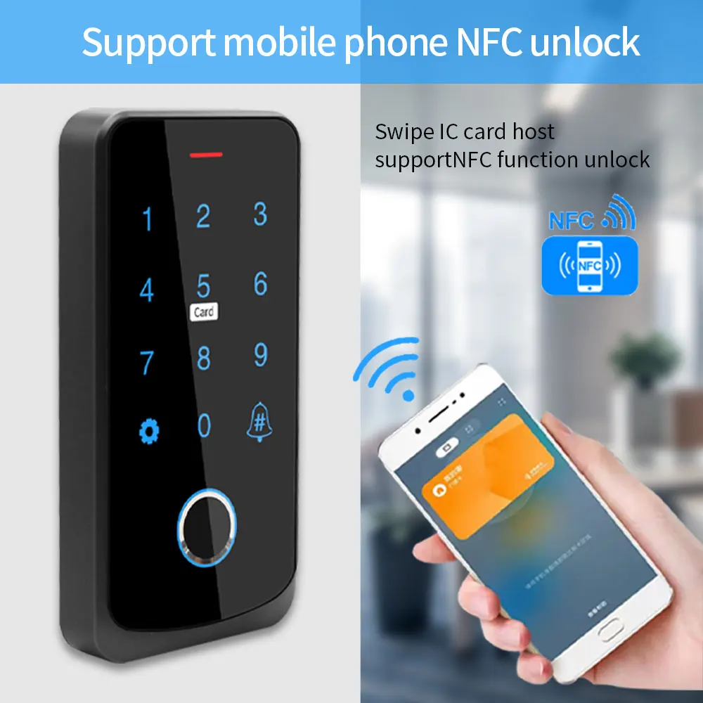 NFC 블루투스 Tuya 앱 RFID IC M1 액세스 제어 키패드, IP65 방수 생체 인식 지문 터치 스크린 액세스 컨트롤러